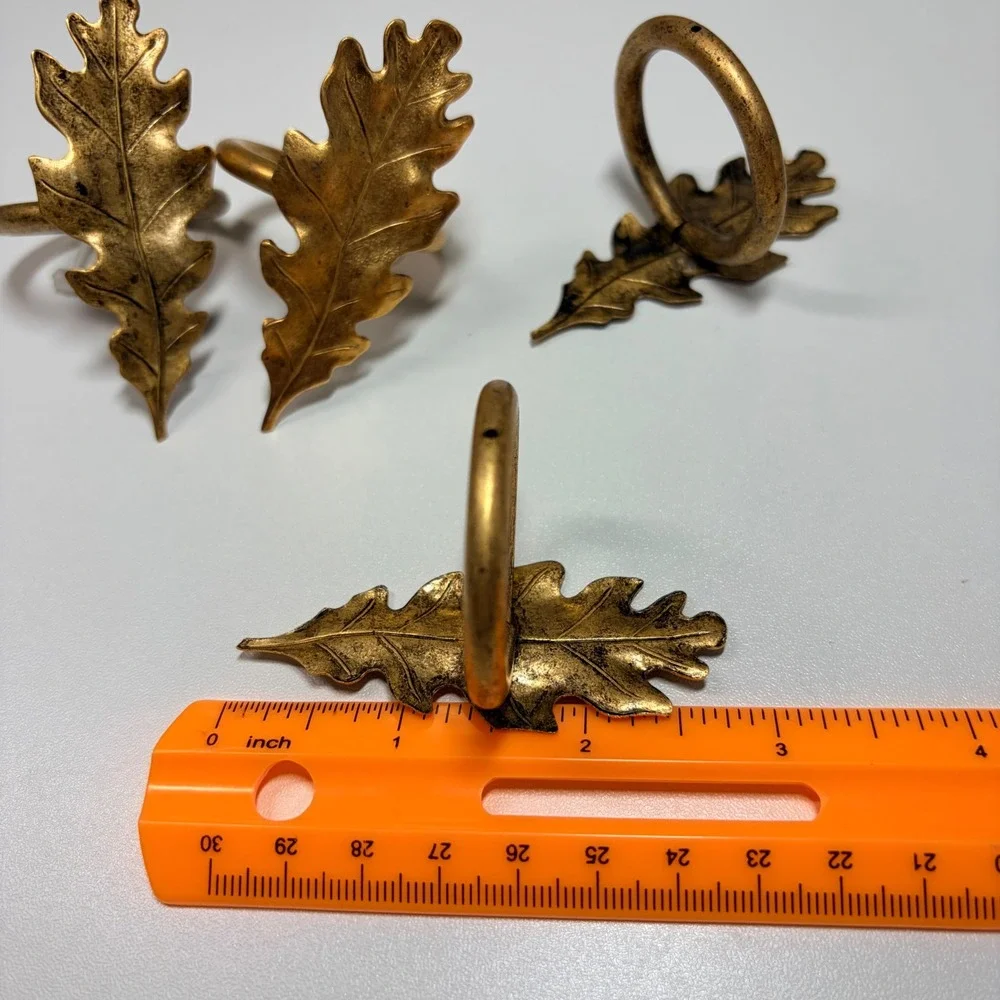 Set of 4 Antique Gold Oak Leaf Napkin Rings Rustic Fall Thanksgiving Decor Metal